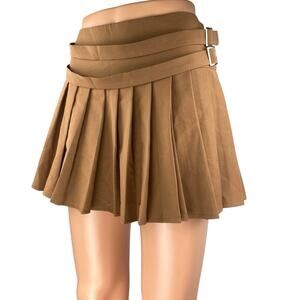 Salty Women's Brown Pleated Buckle Strap High Waisted Zip A Line Mini Skirt Sz M